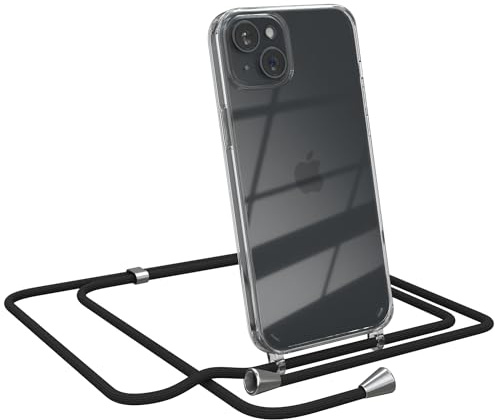 EAZY CASE Handykette kompatibel mit iPhone 15 Plus Handyhülle mit Umhängeband, Handykordel mit Schutzhülle, Silikonhülle, Hülle mit Band, Stylische Kette für Smartphones, Schwarz