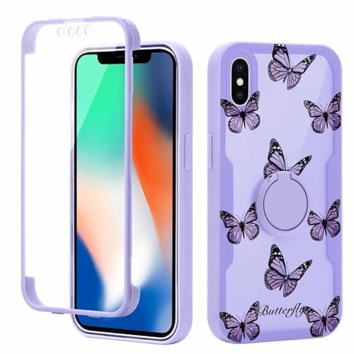Yoedge Kickstand Phone Case for iPhone X/XS 5,8, 360°Rotatable Magnetic Ring Holder Cases, Full Body Shockproof Silicone TPU Back Cover with Built-in Screen Protector Case, Butterfly