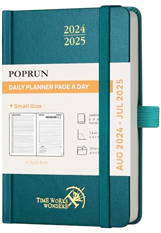 POPRUN Kalender 2024 2025 Tagesplaner 16 x 10,5 cm, Tageskalender A6 1 Tag 1 Seite (Montag - Sonntag), Terminplaner (Aug.2024-Jul.2025) mit Hardcover, Stiftschlaufe - Pazifikgrün
