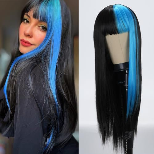 Lange blau-schwarze Perücke, seidig, glatt, synthetisch, hitzebeständig, Seitenpony, Halloween-Kostüm, Haarperücken für Damen und Mädchen
