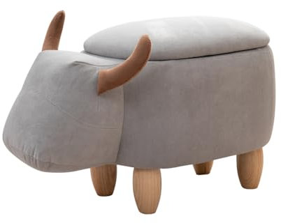 SVITA Tierhocker mit Stauraum Kinderhocker Ordnungshelfer Sitzhocker Polster mit Holzbeinen Kinderzimmer Deko Sitzbox Tier-Motiv Stier