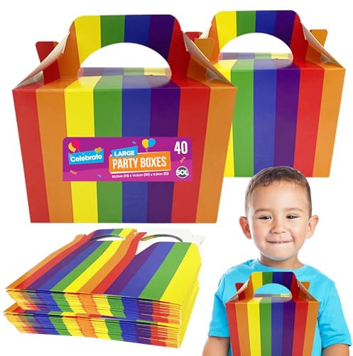 SOL 40pk Large Rainbow Birthday Party Boxes for Kids Party Food - Easy to Assemble, Handle for Cake and Treats, Perfect for Snacks, Goodies, and Lunches - Bright Design for Birthdays and Celebrations