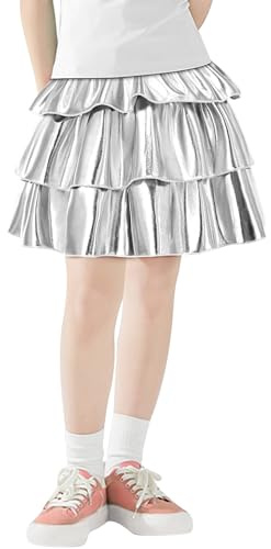FEOYA Metallischer Faltenrock Mädchen Rock A-Linie Minirock Glitzer Rock Karneval Kostüm Glitzer Kostüm Hohe Taille Glitzerrock Liquid Metallic Rock Stretch Skater Röcke Süß Kuchenrock 130