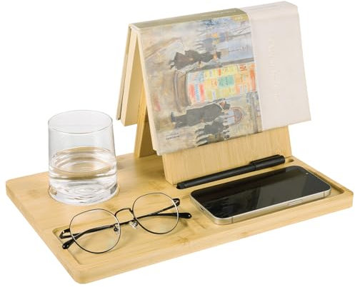 VAIPI Buchständer aus Holz für Seitenablage, abnehmbarer dreieckiger Buchhalter mit Getränkehalter, Brillen, Handys, Tablet & Stifthalter, multifunktionale Buchstütze, die perfekte Geschenkidee für