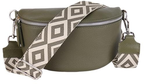 MIRROSI® Bauchtasche Damen, Echtleder, Made in Italy, Umhängetasche, Brusttasche, Crossbody Bag (1 Tasche & 2 Gurte) (Khaki (Rhombus), Große Tasche (28x18x9cm))