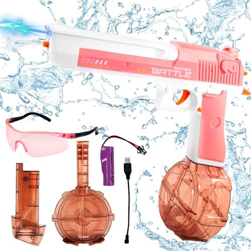 Elektrische Wasserpistole,Automatische Wasserpistole Große Kapazität mit Schutzbrille, Große Reichweite Wasserpistole Spielzeug Water Gun Sommer Draussen Pool Strand Party Langstrecken(Rosa)