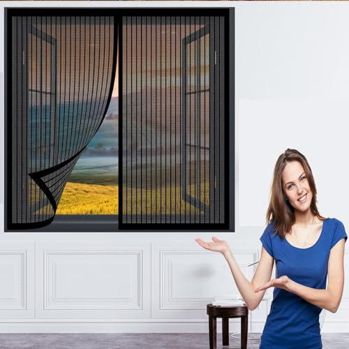 Fliegengitter Fenster Mückengitter 88 x 108 cm Fenster Mückengitter in Verschiedenen Größen Auswählbar Magnetvorhang für Balkontür Terrassentür, Schwarz