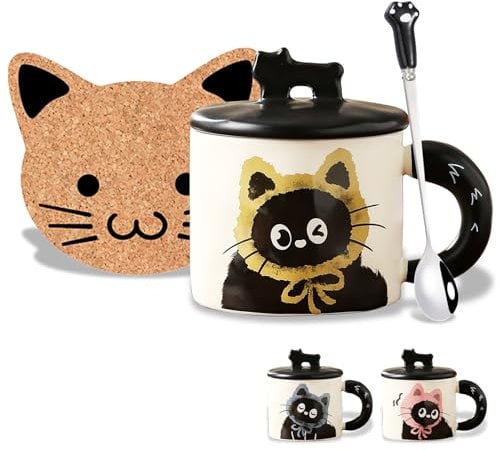 Cat Gifts for Women Cute Black Cat Mugs with Lids Spoon Coaster, Kawaii Kitty Coffee Mug Cat Mugs for Cat Lovers Christmas Halloween Birthday Gifts for Her Girls Mum Friend Kid Mothers Day Gifts