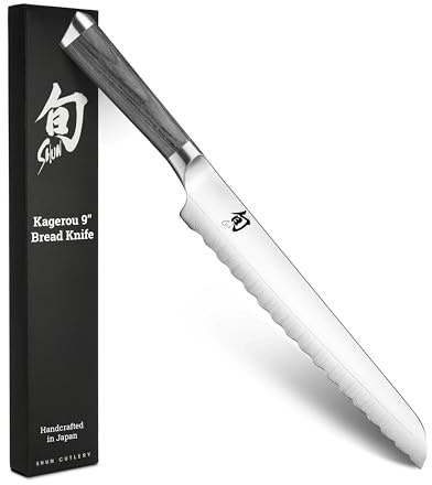 Shun Cutlery Kagerou Bread Knife 9 Inch, Long Sharp Serrations Glide Through Bread, Ideal for Cakes and Pastries, Authentic, Handcrafted, Japanese Serrated Kitchen Knife