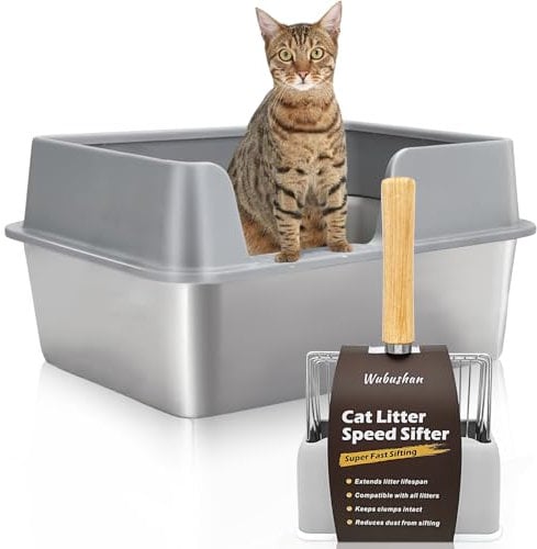 Katzenklo Edelstahl XXL, Stainless Steel Litter Box, Katzentoilette offene mit Metall Schaufel, Cat Litter Box hohem Rand, Katzentoilette Edelstahl, Katzenklo groß leicht zu reinigen-Grau