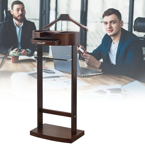 Servomuto Multifunzionale, Servomuto Da Terra, Appendiabiti in Legno Massello, Appendiabiti Con Portapantaloni E Scomparto Portaoggetti, 43,1 x 34,2 x 106,6 cm, Marrone