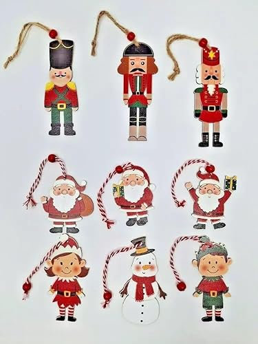 9 adornos de Navidad de madera, bolas colgantes de Navidad, tallas de madera calada, Papá Noel, cascanueces, muñeco de nieve, elfos