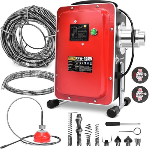 400W 450U/min Elektrische Rohrreinigungsmaschine mit FI-Schalter für Ø30-100mm Rohrleitungen, Rohrreinigungsgerät Rohrreiniger Abflussreiniger, Rohrreinigungsspirale Ø10mm 5M, 16mm 18,5M Spiralen