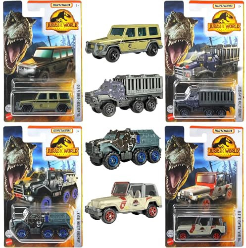 Matchbox Jurassic World Dominion Druckguss-Modellfahrzeuge – 4er-Set – Mercedes-Benz G 550, gepanzerter Action-Transporter, gepanzerter Action-Truck und Jeep Wrangler
