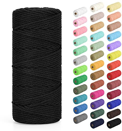 Makramee Garn 3mm x 100m, Baumwollkordel Farbig Baumwollgarn Geflochten Baumwollseil, Natürliche Baumwollschnur für Makramee Wandbehang, Blumenampel, Vorhang und Mehr DIY Deco, Schwarz