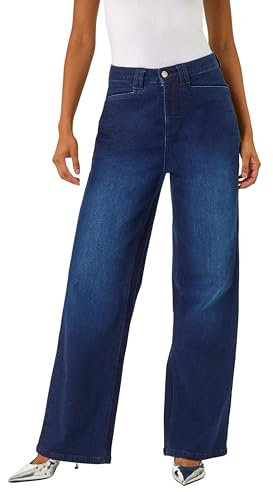 Roman Originals Wide Leg Jeans for Women UK Ladies Denim Trousers Palazzo Pants Jeggings Stretchy Cotton Summer Winter Smart Office Work Party Flattering Bottoms - Denim Indigo - Size 16