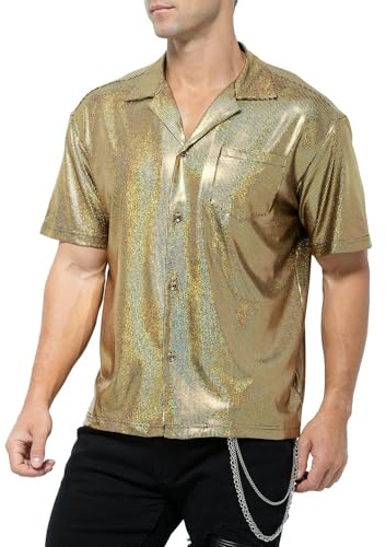 Casey Kevin Chemise Paillette Homme Tenue Disco Habillées Costume Col Pelle a Tarte T-Shirt Annee 80 Brillante Tenue de Soiree Vetement Clubwear Nuit de Fête, S