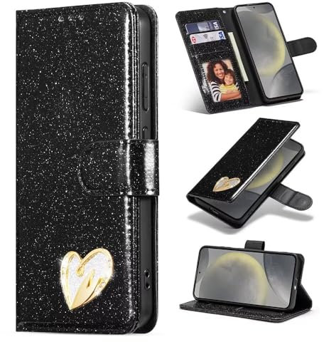 SEHEYA für Samsung Galaxy A16 5G / 4G Klapp-Handy Hülle PU Leder Glitzer Herz Diamond Design Mädchen Handyhülle Flip Brieftasche Kartenslots Schutzhülle, Schwarz