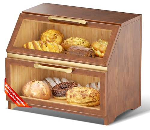 Contenitore per il pane in legno a doppio strato per il bancone della cucina, grande contenitore per il pane della casa, organizer per la scatola del pane dell'azienda agricola per angolo del bancone