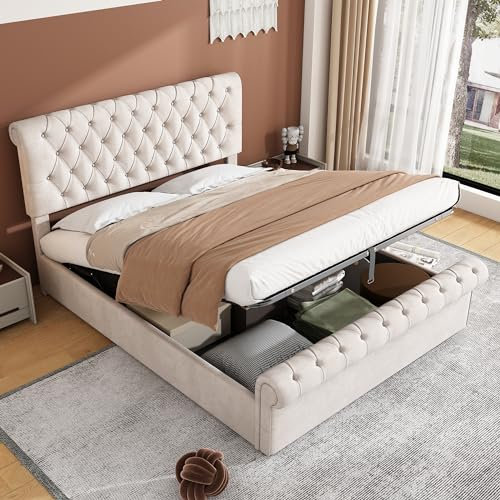 Miyemo Ottoman Double Bed Frame with Storage, 4ft6 Upholstered Double Bed with Headboard & Slats, Luxurious Velvet Button-Tufted Sleigh Bed, 135 * 190cm, Beige, (No Mattress)