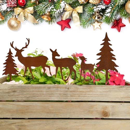 Deepton 5er Set Gartenstecker Weihnachtsdeko, Weihnachtsbaum und Elch Deko Weihnachten, Rost Deko Garten-Stecker aus Metall für Weihnachtsgärten und Winter im Freien