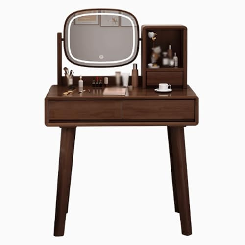 JUSKAQZYI schmink Tisch Schminktisch aus Massivholz mit Spiegel, Kleiner Frisiertisch mit 3 Schubladen for Schlafzimmer, Nussbaum, Holz, 80 x 40 x 135 cm schminktische(Walnut)
