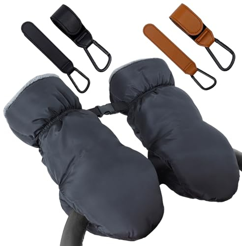 Geoyien Kinderwagen Handwärmer, Handschuhe Kinderwagen Muff Lammfell, 1 Stück Rollator Handschuhe und 2 Stück Kinderwagen Haken, Dick und Warm Bleiben, Winddicht und Wasserdicht, Winterwagenzubehör