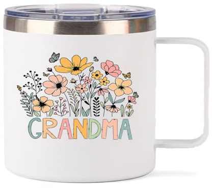 Xinvast Grandma Insulated Mug with Handle, Stainless Steel Double Wall Vacuum Metal Coffee Tumbler Cup for Nana Grandmother 14 oz