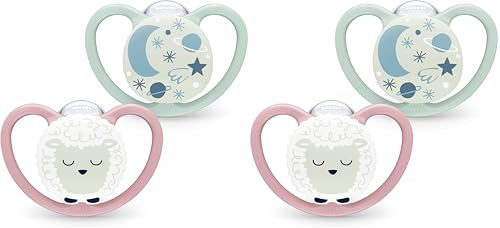 NUK Space Night Babyschnuller | 18-36 Monate | Im Dunkeln leuchtende Schnuller mit zusätzlichen Öffnungen für sensible Haut | BPA-freies Silikon | Schaf | 2 Stück (Packung mit 2)