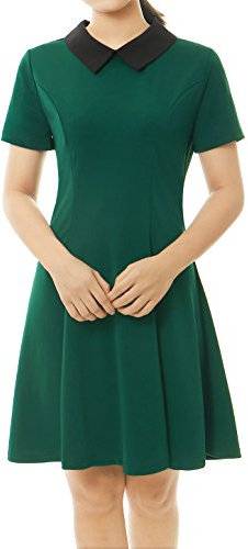 Allegra K Women's Peter Pan Dresses Contrast Doll Collar Short Sleeves Above Knee Flare Dress Green S