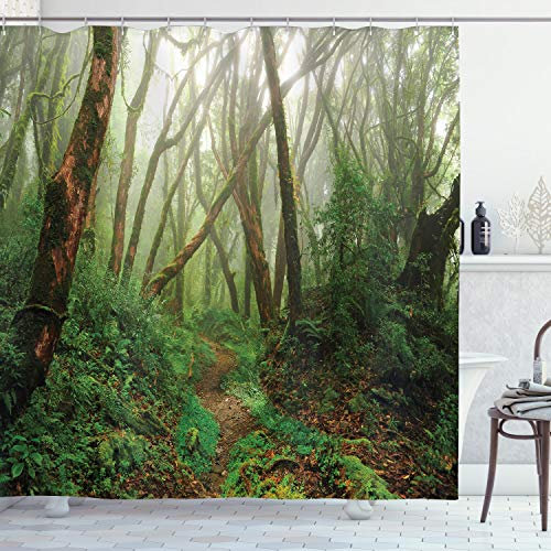 ABAKUHAUS Tropisch Duschvorhang, Exotischer Dschungel Wald, Stoffliches Gewebe Badezimmerdekorationsset mit Haken, 175 x 180 cm, Grün Braun