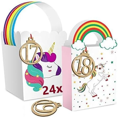 24x Einhorn Adventskalender 2021 | Adventskalender zum Befüllen & selber basteln mit 3x Ersatztüten für Kinder