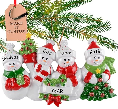 Personalised Family of 4 Ornament 2026, Snow People in Red & Green | 23h Customised, Laser Engraved Snowman Christmas Ornaments, Custom 4 Persons Keepsake Gift from Grandparents & Parents