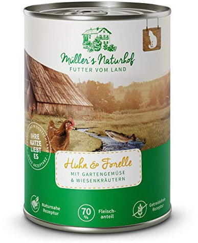 Müllers Naturhof - Nassfutter für Katzen - naturnahe Rezeptur - Huhn & Forelle - 12 x 400 g - getreidefrei - 70% Fleischanteil - ohne Tierversuche, Zucker, Farb-, Aroma-, & Konservierungsstoffe