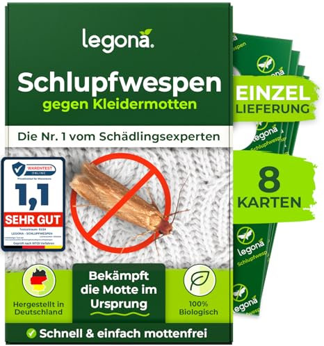 Legona® Schlupfwespen gegen Kleidermotten | 8 Karten à 1 Lieferung | Effektiv Kleider Motten bekämpfen | Alternativer Mottenschutz für Kleiderschrank, Mottenfalle Kleidermotten, Mottenspray