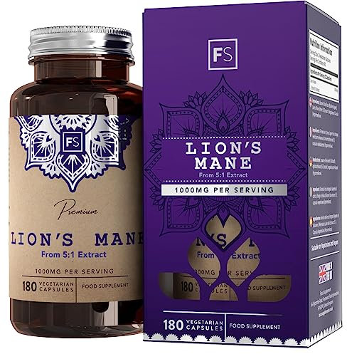 FS Lions Mane | Löwenmähne Pilz - 1000mg Mushroom pro Portion | 180 Lions-Mane Kapseln Mushroom Complex | Hochdosiert Lion's Mane | Gentechnik-, Gluten-, & Allergenfrei | Hergestellt in GB