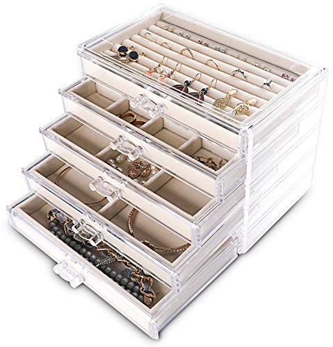 Frebeauty Extra große Acryl-Schmuckschatulle für Damen und Mädchen, 5 Ebenen, transparenter Samt, Ohrring-Organizer mit 5 Schubladen, Ringen, Vitrine, Halskettenhalter, Tablett (Beige)