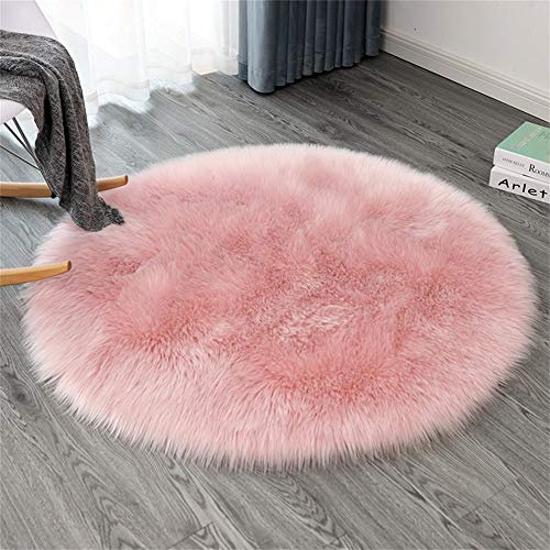 Ommda Teppiche Kunstfell für Wohnzimmer Teppich Fellimitat Rund für Schlafzimmer Wollteppich Shaggy Langflor Abwaschbar für Kinderzimmer,Rosa,100cm