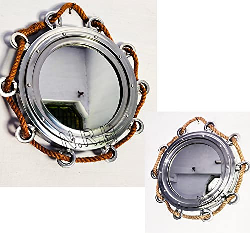 Miroir mural à suspendre avec corde de jute en aluminium finition chromée 40,6 cm