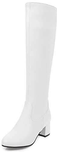 MJIASIAWA Donna Knee Inverno Moda Block Tacco Medio Stivali Equitazione Zip Ufficio Vestito Equestrian Warm Serata Comfy Boots Bianco Numero 37 EU/38 Asiatico