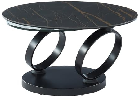 Vente-unique - Table Basse avec Plateaux pivotants Joline - Céramique et Verre trempé - Effet marbre Noir