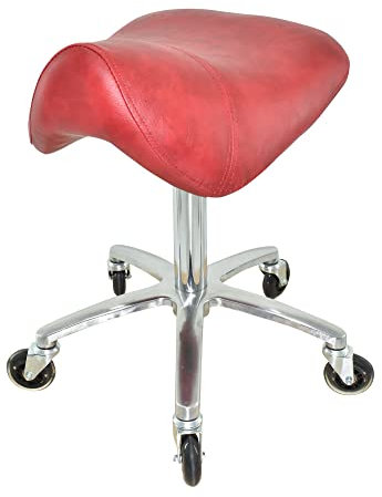 VAKON SALON - Premium Sattelhocker Rot, Sattelstuhl für Rückenentlastung, Rollhocker höhenverstellbar von 50-65 cm, Drehhocker, Praxishocker, Bürohocker, Arbeitshocker
