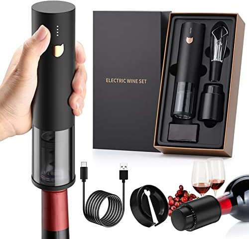 Rocyis - Cavatappi elettrico per vino, cavatappi elettrico, senza fili, con tagliacapsule, aeratore 2 in 1, tappo sottovuoto, ricarica USB
