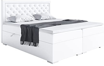 MEBLINI Boxspringbett mit Bettkasten - Gepolstert Doppelbett mit Matratze und Topper - Polsterbett mit Stauraum - Bett mit Kopfteil - Stauraumbett - Glamour - 160x200 - H3/Weiß Kunstleder