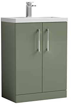nuie PAL119 Arno Compact Modern Bathroom Floor Standing Slimline 2 Door Vanity Unit and Polymarble Basin, 600mm, Satin Green