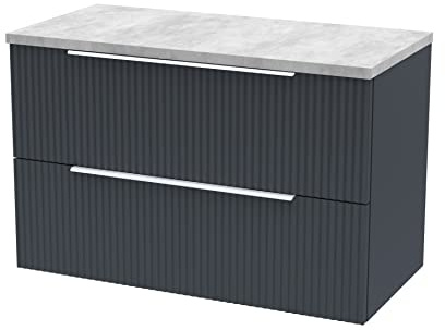 Hudson Reed DFF1495LBG Fluted Modern Bathroom Wall Hung 2 Drawer Vanity Unit with Bellato Grey Laminate Worktop, 800mm, Soft Black
