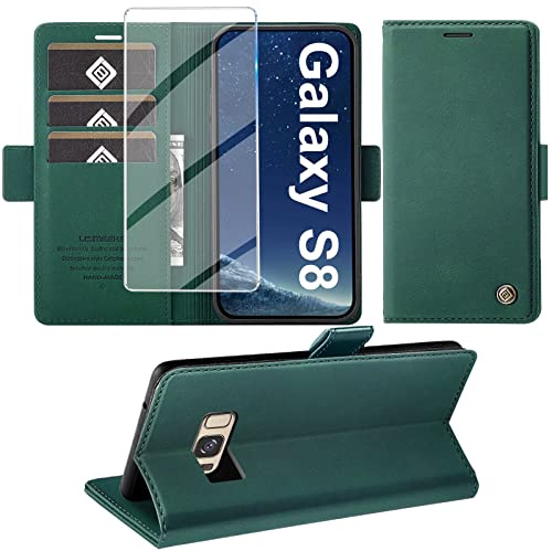 Giyer Handyhülle für Samsung Galaxy S8 Hülle mit Schutzfolie, Schutzhülle Galaxy S8 Standfunktion Premium Leder Wallet Silikon Phone Case Cover Hüllen S8 Klapphüllen 5.8 Zoll (Grün)