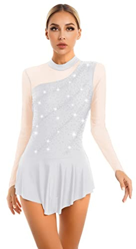 Freebily Damen Eiskunstlauf Kleid Langarm Mesh Eislaufen Ballettkleid Tanz Trikot Mit Strass Glitzer Gymnastikanzug Skating Kleid