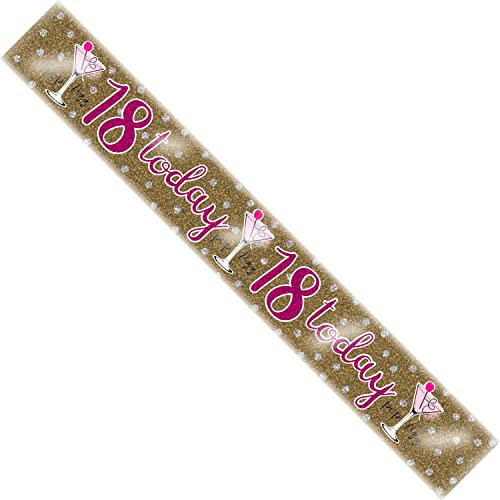 Age 18 Birthday Banner Pink, Yellow And Silver Holographic Recyclable Martini Glass 18th Birthday Party Banner