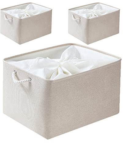 Mangata Stoff Aufbewahrungsboxen, Faltbare Aufbewahrungsbox mit Seilgriffen für Regale, Schrank, Kleiderschrank, 3er-Pack (Elfenbeinfarben, XL)